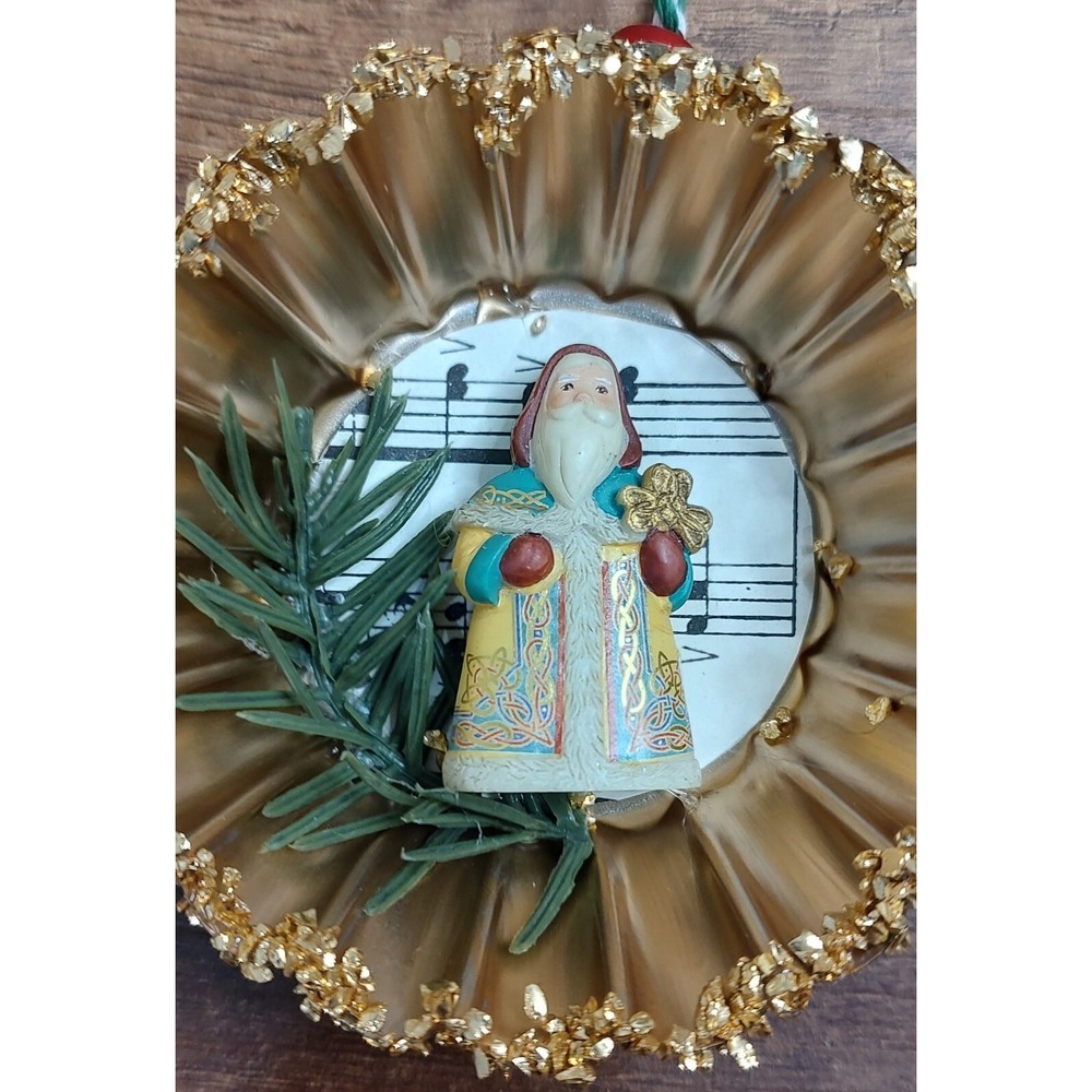 Father Christmas Santa Ornament OOAK Handmade Tart Tin VTG Diorama Music
